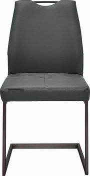 Moderner Schwingstuhl mit dunkelgrauem Lederbezug und schwarzem Metallgestell, Frontalansicht