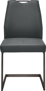 Moderner Schwingstuhl mit dunkelgrauem Lederbezug und schwarzem Metallgestell, Frontalansicht