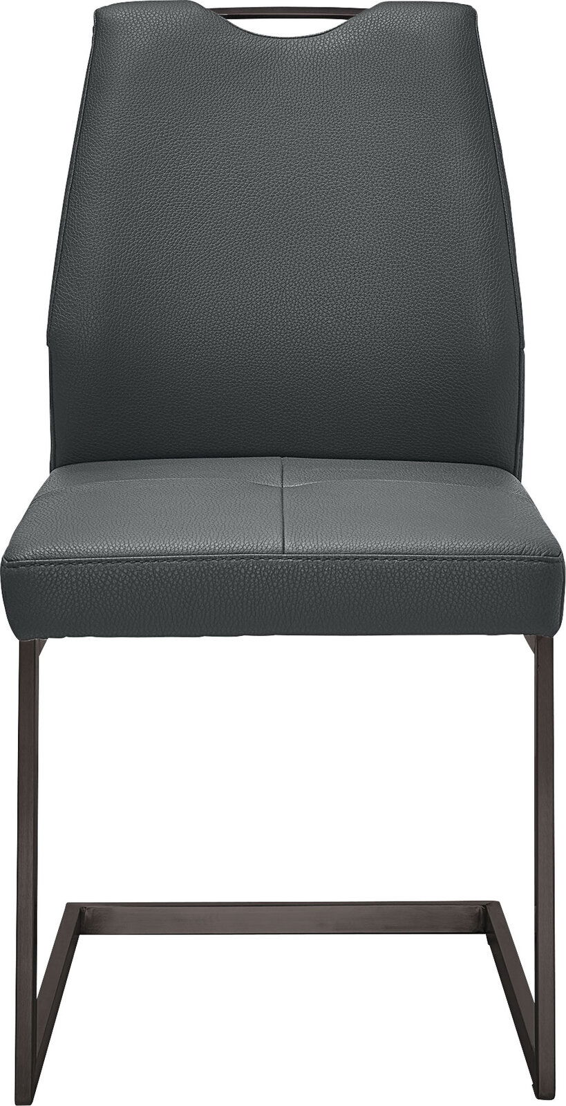 Moderner Schwingstuhl mit dunkelgrauem Lederbezug und schwarzem Metallgestell, Frontalansicht