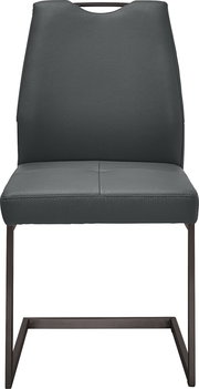 Moderner Schwingstuhl mit dunkelgrauem Lederbezug und schwarzem Metallgestell, Frontalansicht