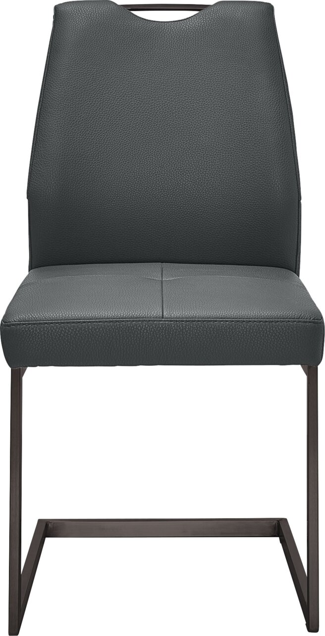 Moderner Schwingstuhl mit dunkelgrauem Lederbezug und schwarzem Metallgestell, Frontalansicht