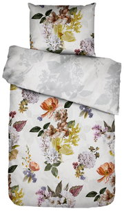 Bettwäsche-Set mit floralem Muster in einer Draufsicht, bestehend aus einem Kissenbezug und einem Deckenbezug, beide mit bunten Blumenmotiven auf hellem Hintergrund.