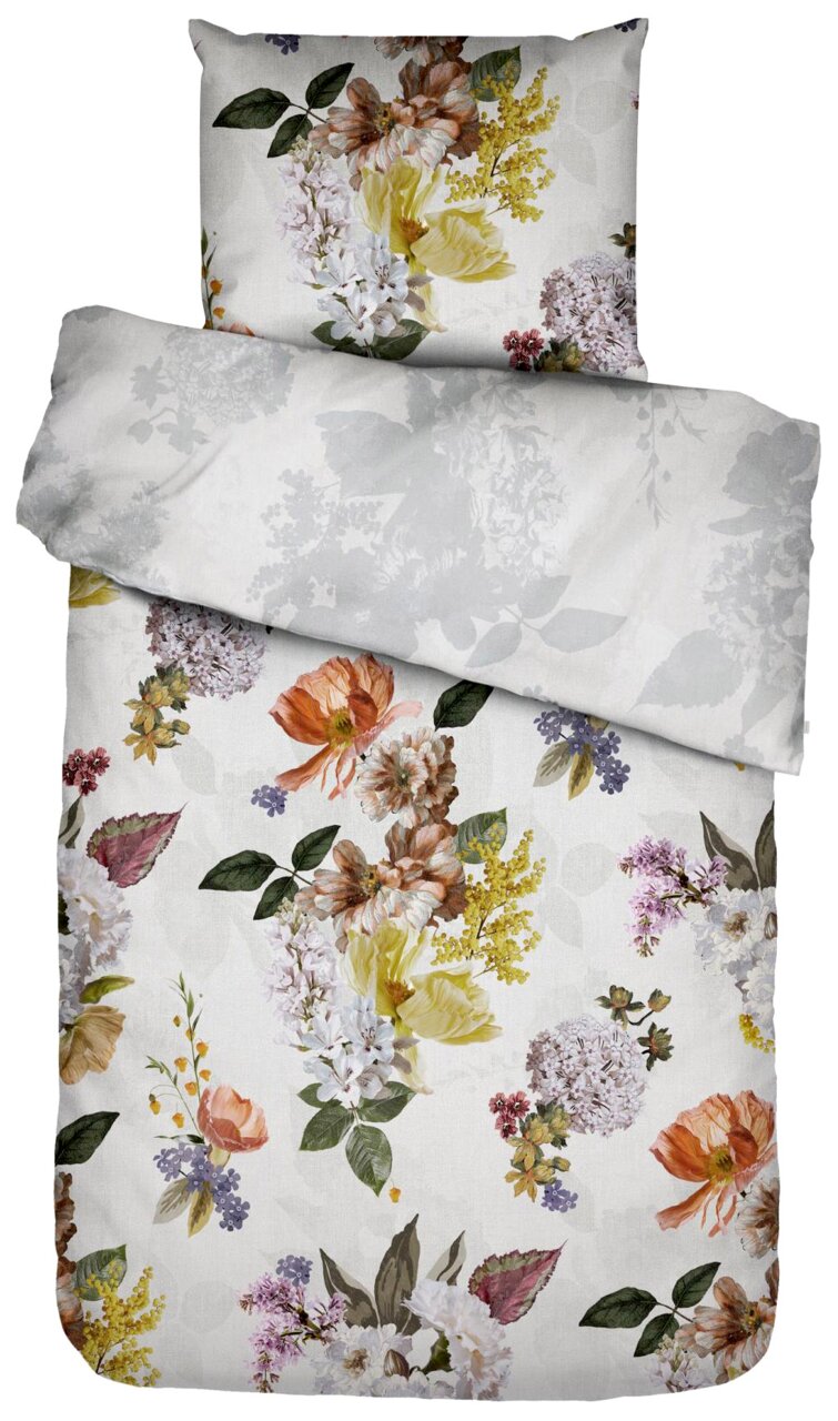 Bettwäsche-Set mit floralem Muster in einer Draufsicht, bestehend aus einem Kissenbezug und einem Deckenbezug, beide mit bunten Blumenmotiven auf hellem Hintergrund.