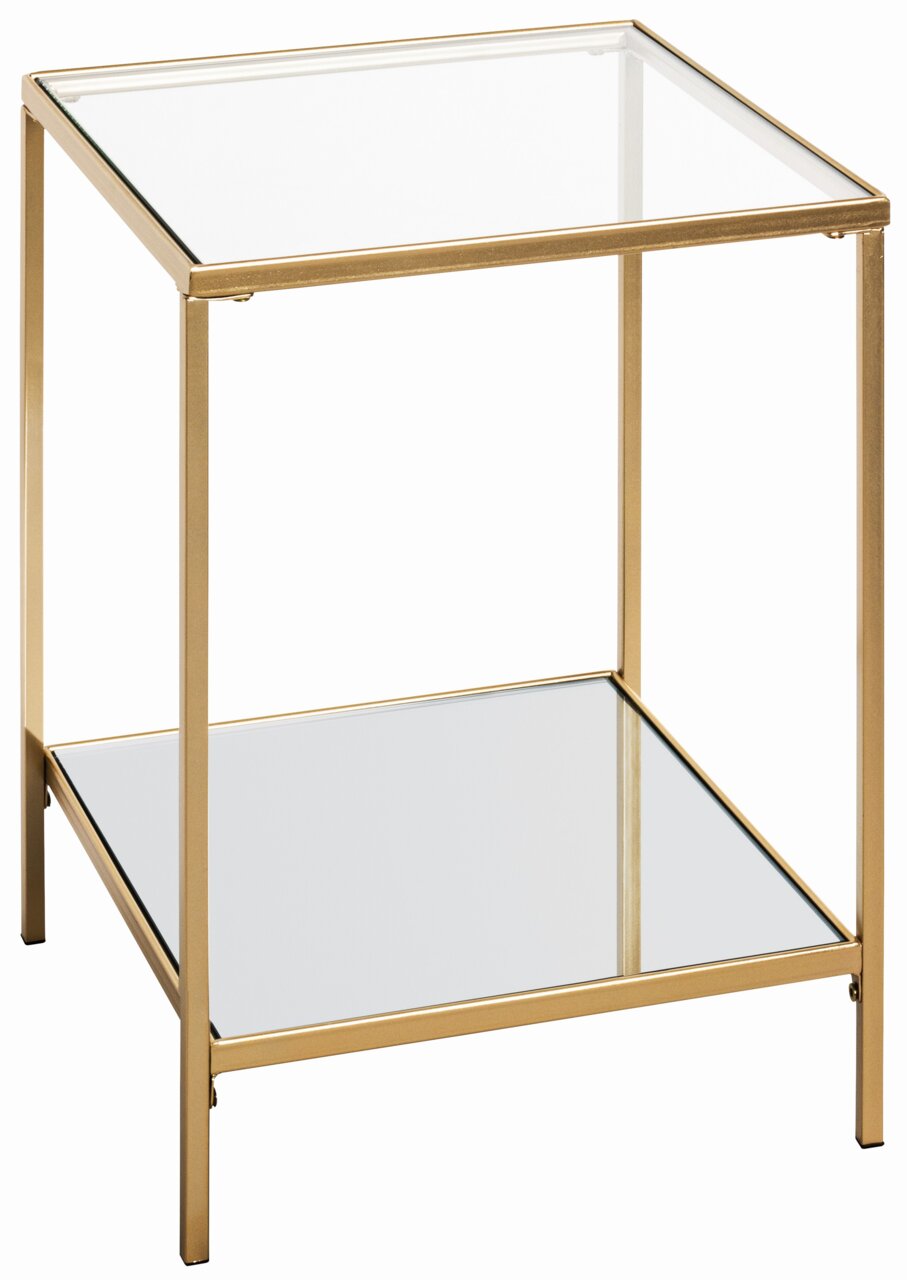 Zurbrüggen Beistelltisch Moderner Beistelltisch mit goldfarbenem Metallrahmen und zwei Glasplatten, seitliche Perspektive.