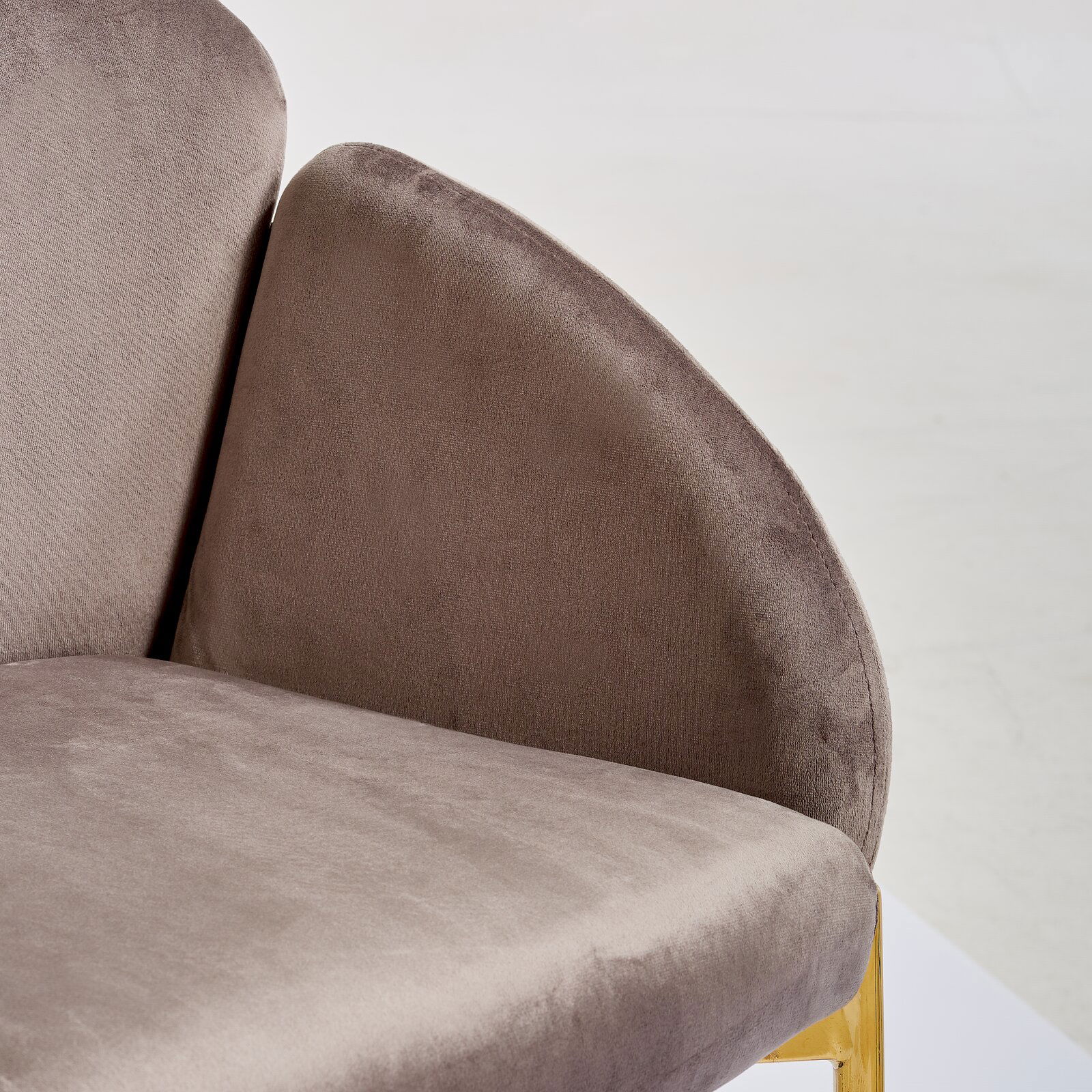 Nahaufnahme eines braunen Sessels der Serie SUNNY von Livetastic mit goldenen Beinen, seitliche Perspektive