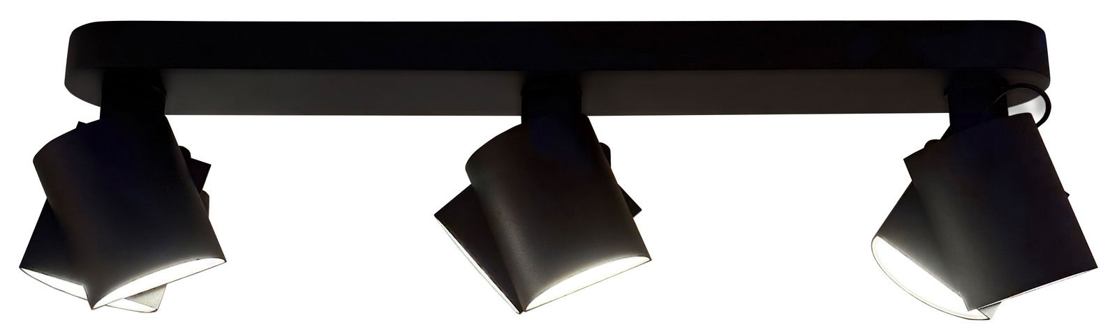 Dreifacher LED-Spot in schwarzem Design, von unten betrachtet.