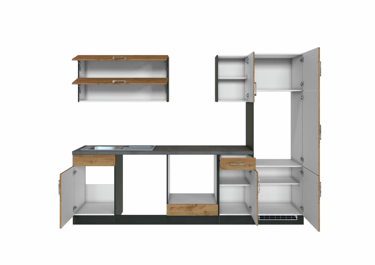 Moderne keukenblok met open kasten en planken, vooraanzicht