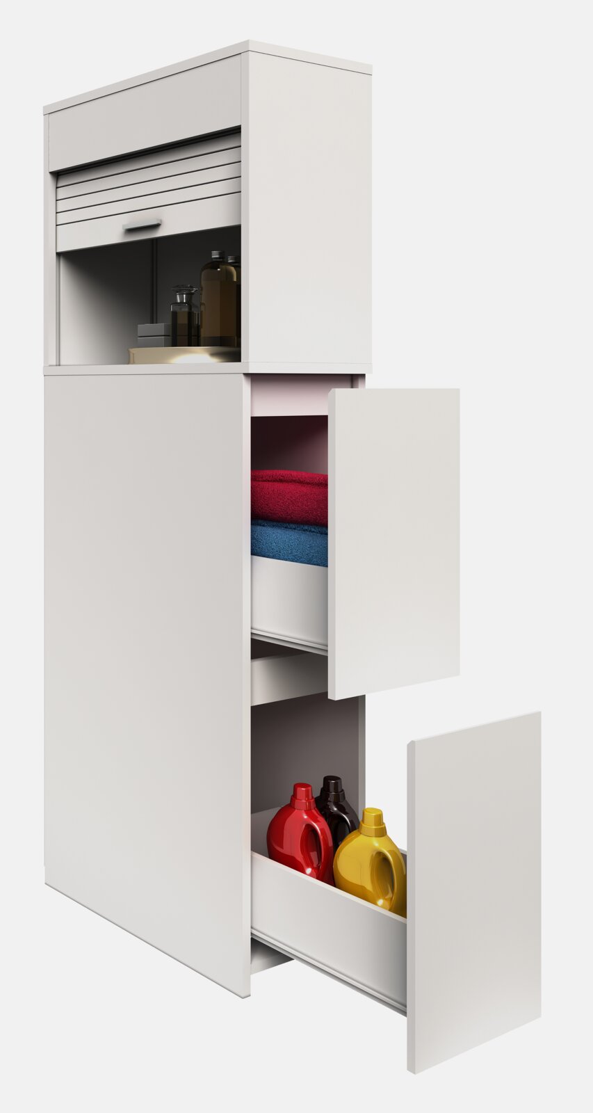 Weißer Hochschrank mit Rollladenfach oben und offenen Türen, innen mit Handtüchern und Reinigungsmitteln, in leichter Seitenansicht von vorn.