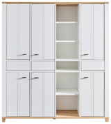 Bürokombination mit mehreren weißen Schranktüren und offenen Regalfächern, frontal betrachtet