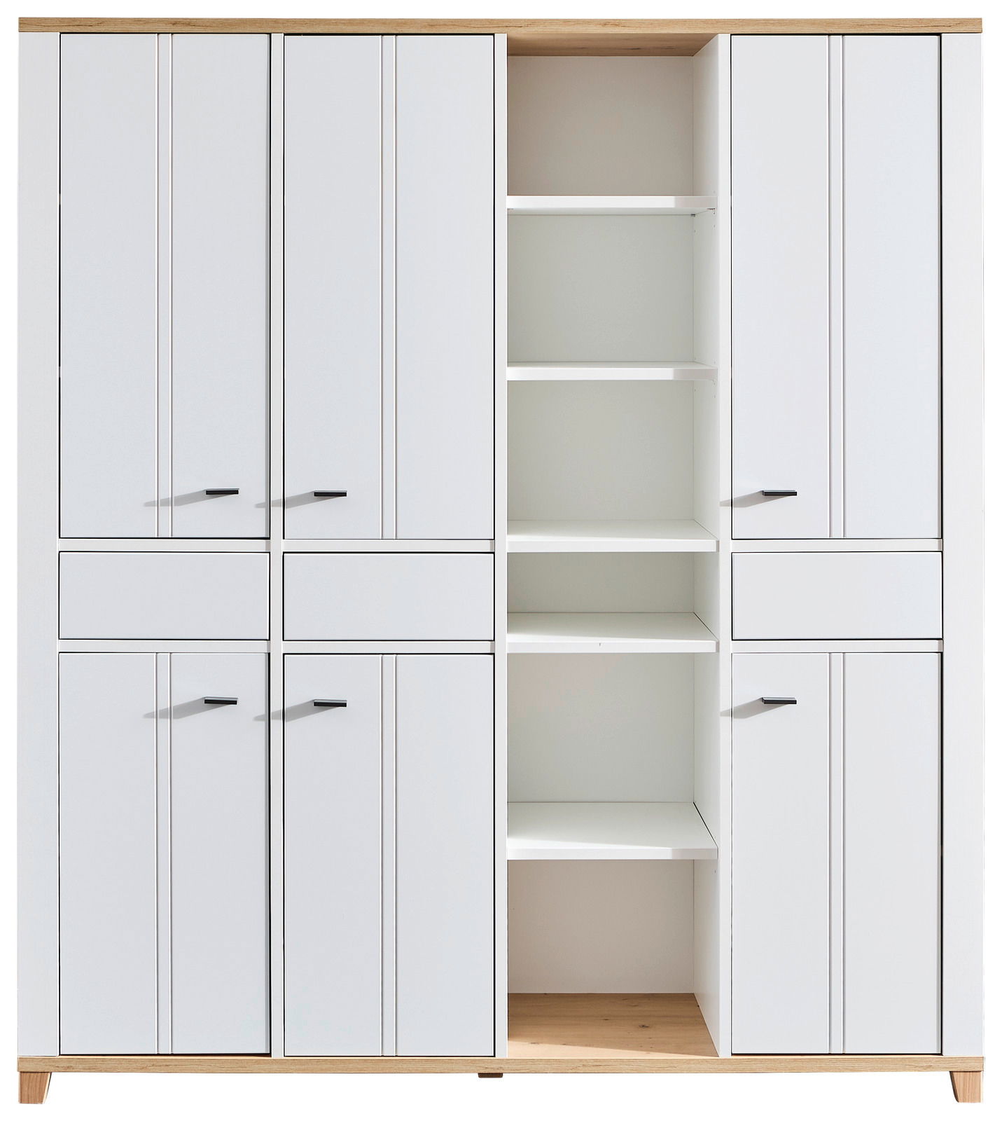 Bürokombination mit mehreren weißen Schranktüren und offenen Regalfächern, frontal betrachtet