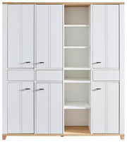 Bürokombination mit mehreren weißen Schranktüren und offenen Regalfächern, frontal betrachtet