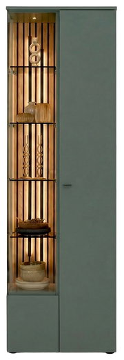 Hoher, schmaler Vitrinenschrank in mattem Grün mit linksseitiger Glasvitrine, warm beleuchteter Holzrückwand und mehreren Glasböden; rechte Seite mit geschlossener Tür – Frontansicht.