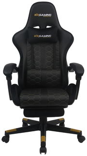 Frontansicht eines ergonomischen Gaming-Stuhls mit schwarzem und goldfarbenem Design, gepolstertem Sitz und verstellbaren Armlehnen.