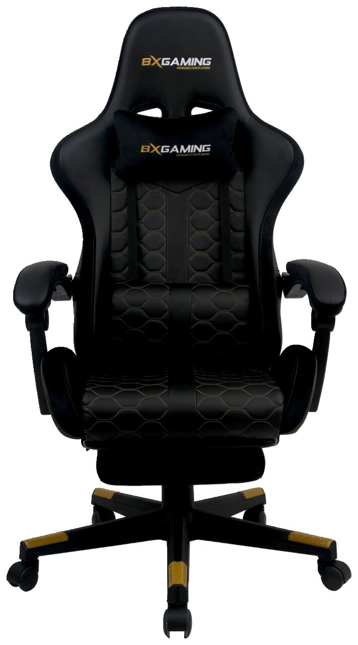 Frontansicht eines ergonomischen Gaming-Stuhls mit schwarzem und goldfarbenem Design, gepolstertem Sitz und verstellbaren Armlehnen.