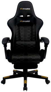 Frontansicht eines ergonomischen Gaming-Stuhls mit schwarzem und goldfarbenem Design, gepolstertem Sitz und verstellbaren Armlehnen.