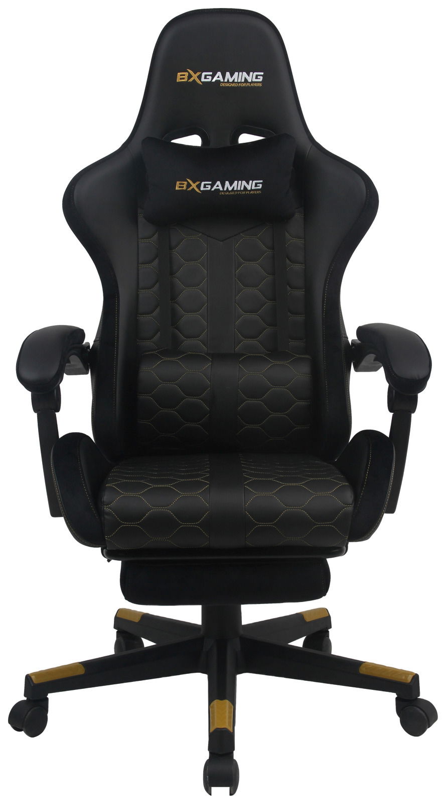 Frontansicht eines ergonomischen Gaming-Stuhls mit schwarzem und goldfarbenem Design, gepolstertem Sitz und verstellbaren Armlehnen.