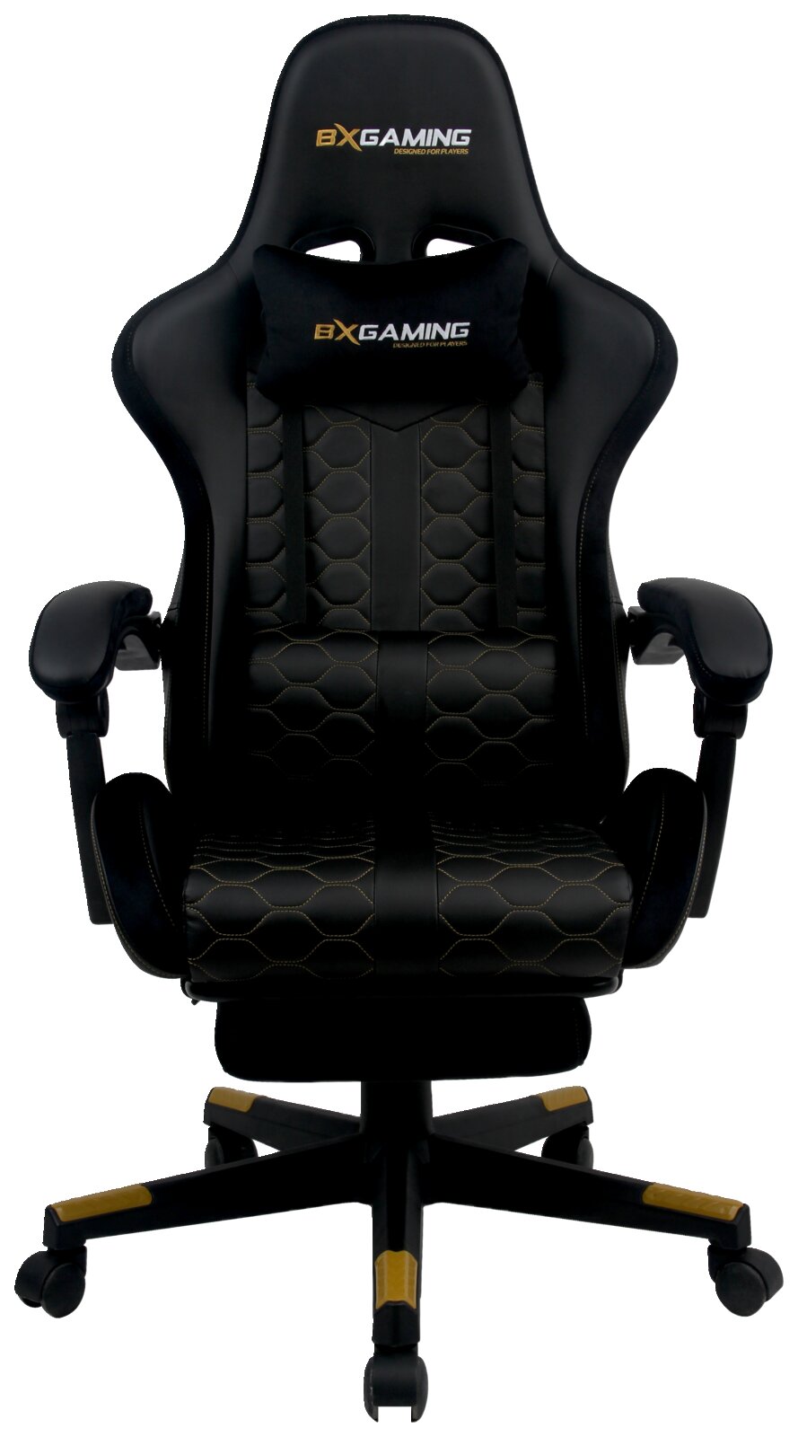 Vooraanzicht van een ergonomische gamingstoel met een zwart en goudkleurig ontwerp, een gestoffeerde zitting en verstelbare armleuningen.