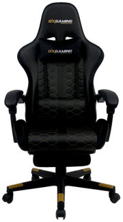 Frontansicht eines ergonomischen Gaming-Stuhls mit schwarzem und goldfarbenem Design, gepolstertem Sitz und verstellbaren Armlehnen.