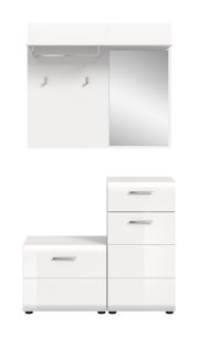 Weißes, modernes Garderoben- und Schuhschrank-Set mit Kleiderstange, Haken, Spiegel sowie Schubladen und Türen, Frontansicht.