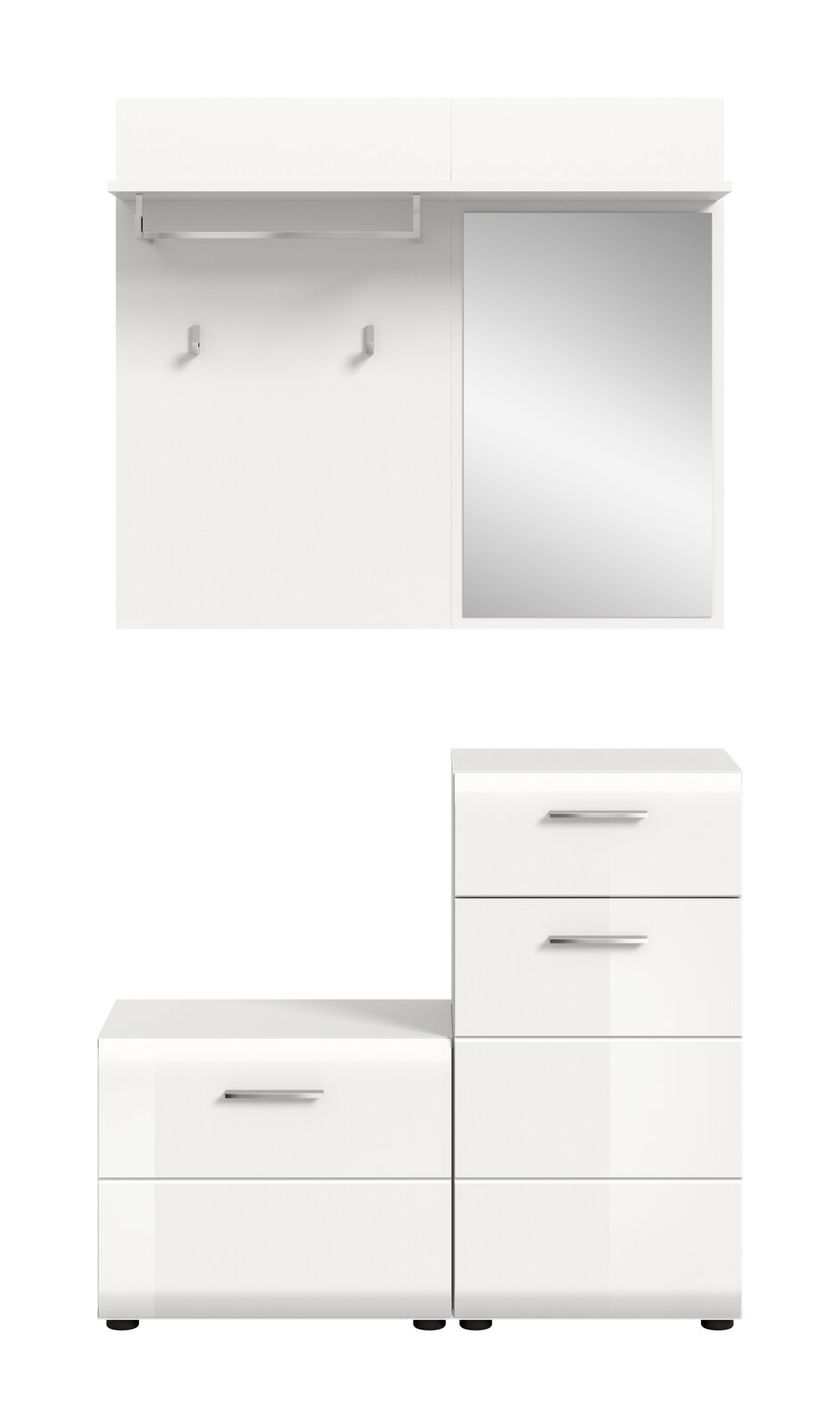 Weißes, modernes Garderoben- und Schuhschrank-Set mit Kleiderstange, Haken, Spiegel sowie Schubladen und Türen, Frontansicht.