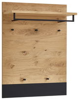 Garderobenpaneel aus Holz mit schwarzem Metallrahmen, mehreren Haken und einem Regalbrett, Frontalansicht