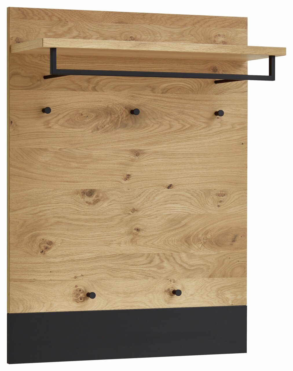 Garderobenpaneel aus Holz mit schwarzem Metallrahmen, mehreren Haken und einem Regalbrett, Frontalansicht