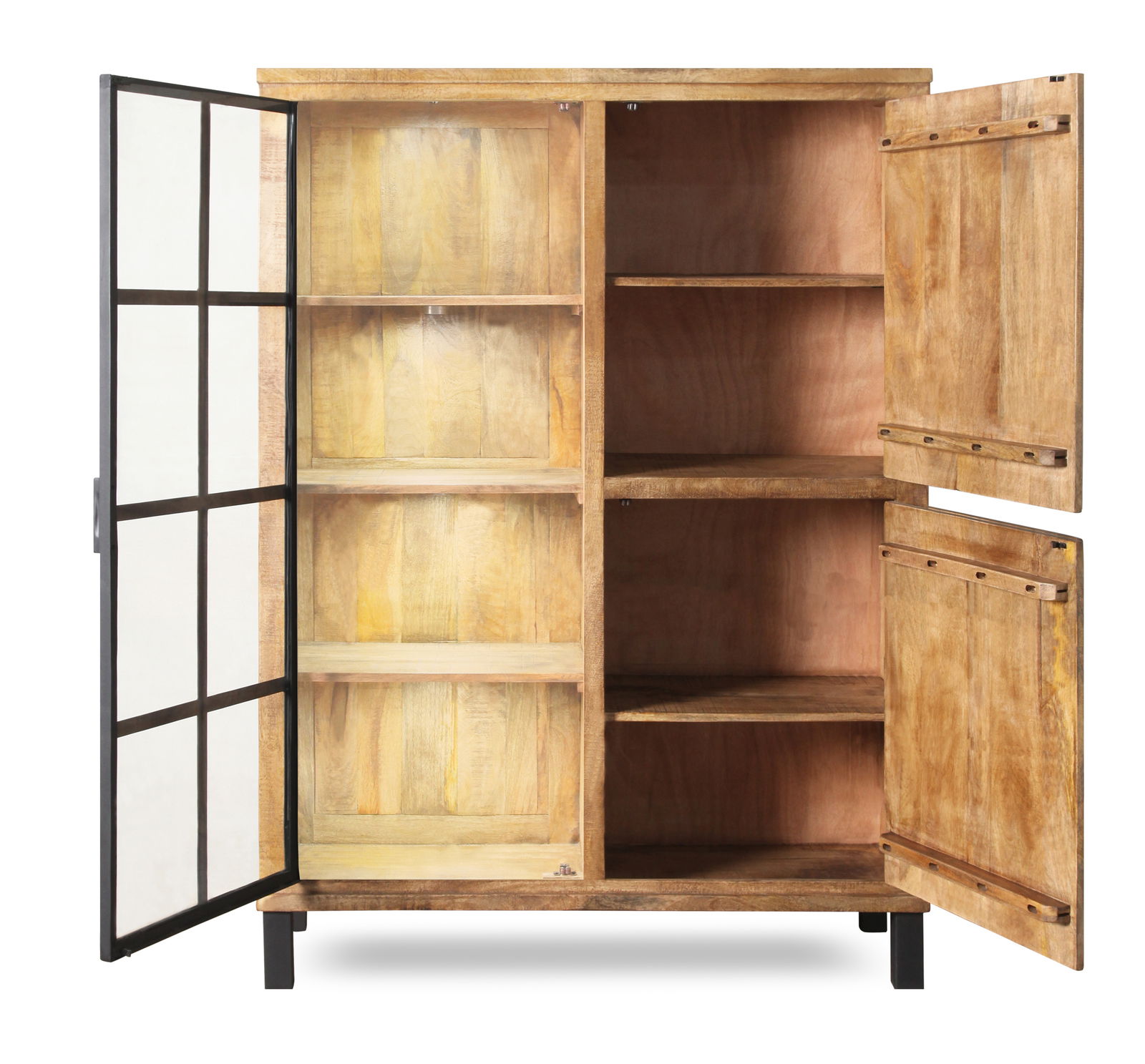 Offenes Highboard aus Holz mit zwei Türen, linke Tür mit Glaseinsatz, rechte Tür aus Holz, Innenansicht mit mehreren Regalböden, frontale Perspektive.