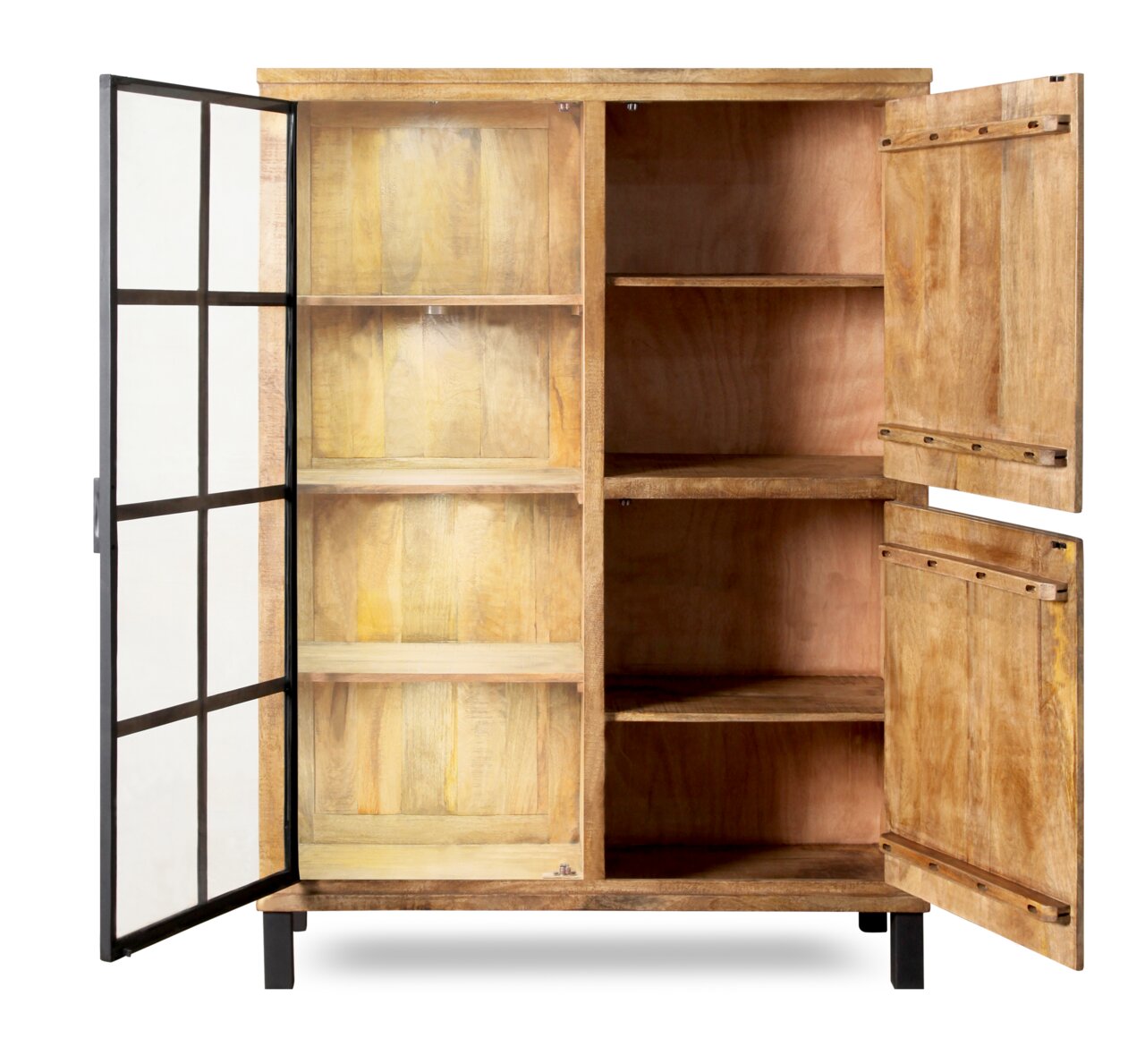 Offenes Highboard aus Holz mit zwei Türen, linke Tür mit Glaseinsatz, rechte Tür aus Holz, Innenansicht mit mehreren Regalböden, frontale Perspektive.