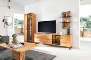 Moderne Wohnzimmer-Wandkombination aus Holz mit TV-Schrank, Vitrine und Wandregal, seitliche Perspektive.