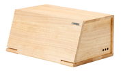 Brotkasten aus Gummibaumholz in schräger Perspektive, rechte Seite mit Lüftungslöchern sichtbar