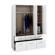 Drehtürenschrank 3-türig in Weiß mit geöffneter Perspektive, zeigt Innenraum mit Kleiderstange, Regalfächern und Schubladen.