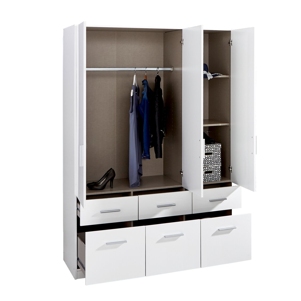 Drehtürenschrank 3-türig in Weiß mit geöffneter Perspektive, zeigt Innenraum mit Kleiderstange, Regalfächern und Schubladen.