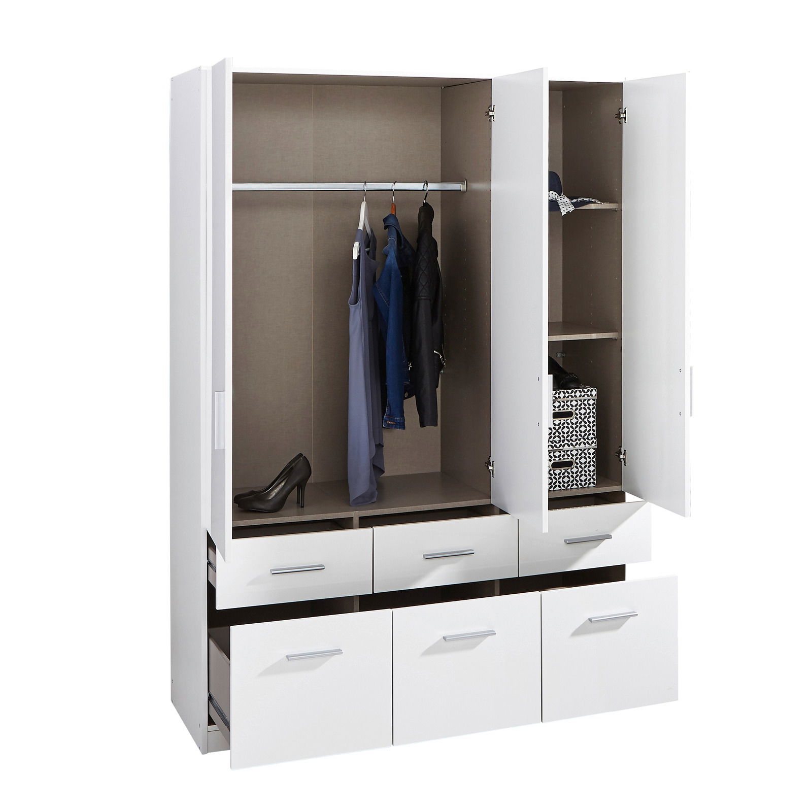 Drehtürenschrank 3-türig in Weiß mit geöffneter Perspektive, zeigt Innenraum mit Kleiderstange, Regalfächern und Schubladen.