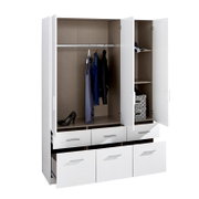 Drehtürenschrank 3-türig in Weiß mit geöffneter Perspektive, zeigt Innenraum mit Kleiderstange, Regalfächern und Schubladen.