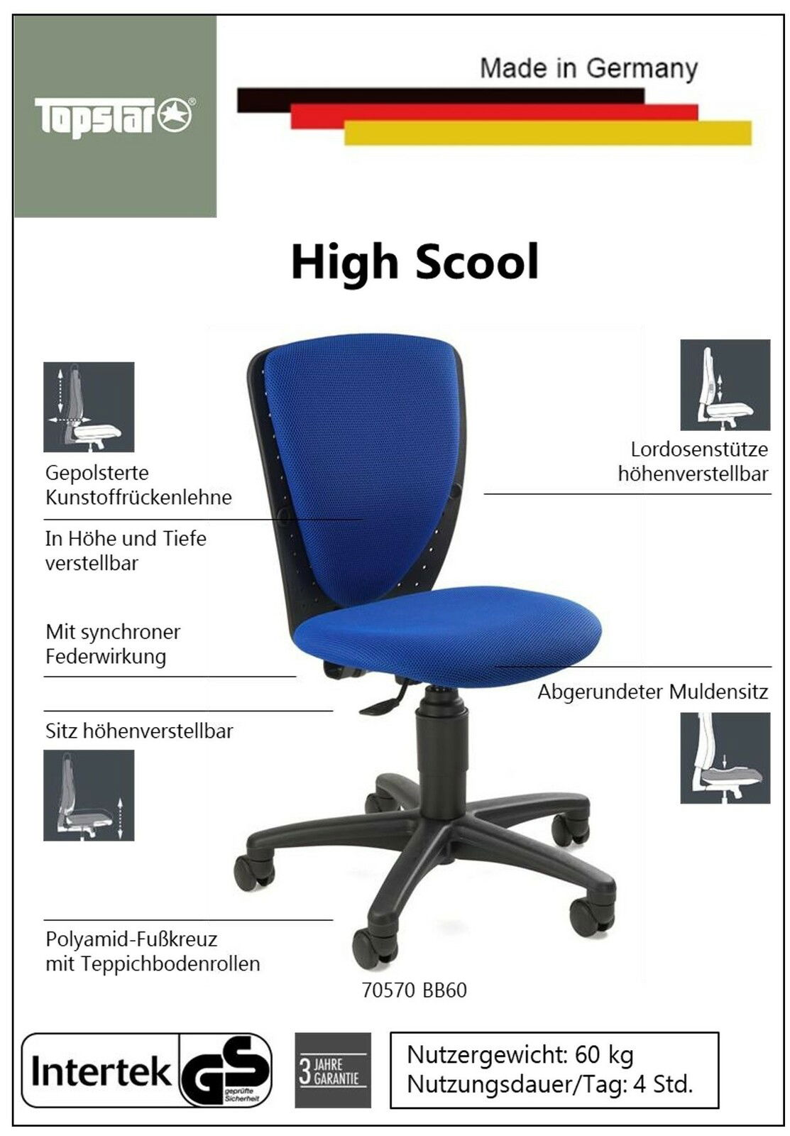 Kinder- und Jugendstuhl in blauer Farbe mit gepolsterter Kunststoffrückenlehne, höhenverstellbarem Sitz und Lordosenstütze. Seitenansicht.