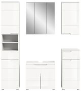 Moderne weiße Badkombination mit Spiegelschrank und verschiedenen Schränken, frontal abgebildet
