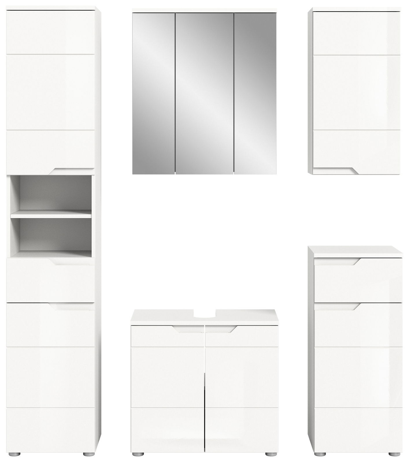 Moderne weiße Badkombination mit Spiegelschrank und verschiedenen Schränken, frontal abgebildet