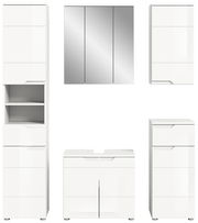 Moderne weiße Badkombination mit Spiegelschrank und verschiedenen Schränken, frontal abgebildet