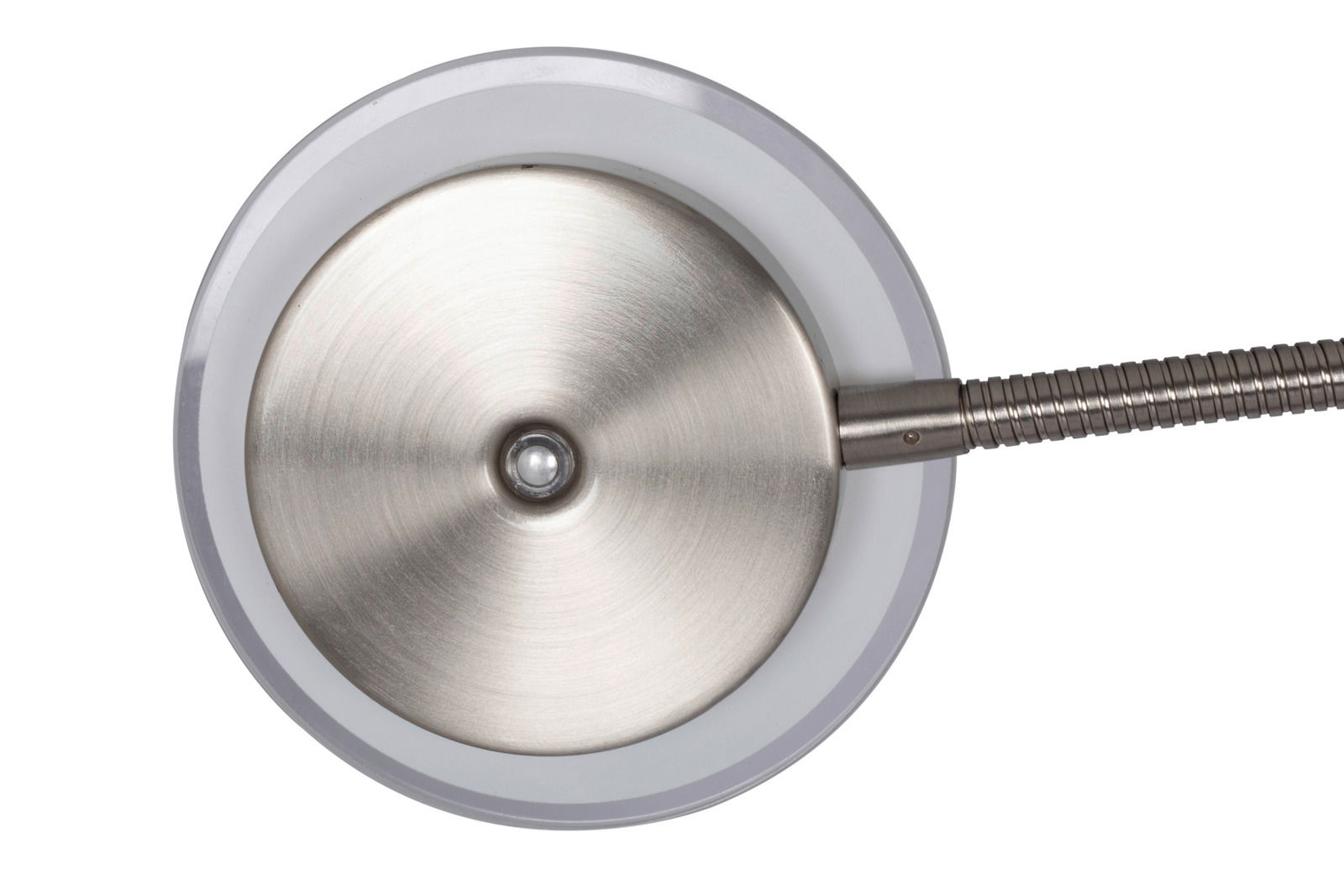 Draufsicht auf eine runde LED-Stehleuchte mit gebürstetem Metallfinish und flexiblem Hals.