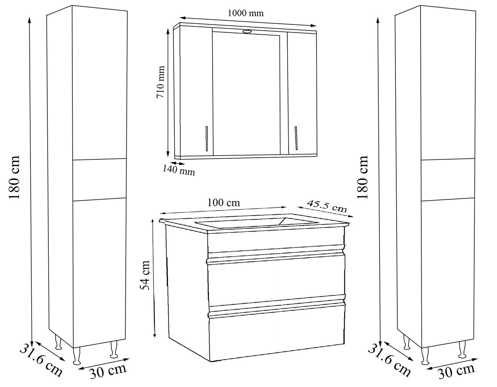 Technische Maßzeichnung eines Badezimmermöbel-Sets mit zwei Hochschränken (180 cm hoch, 30 x 31,6 cm), Waschtischunterschrank (100 x 45,5 x 54 cm) und Spiegelschrank (1000 x 710 x 140 mm), dargestellt in Front- und Seitenansicht.