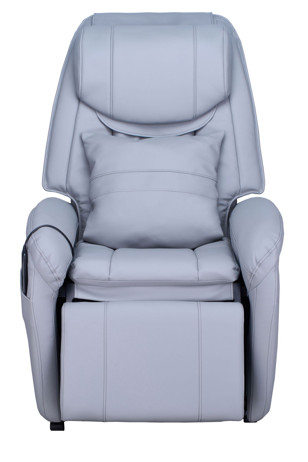 Grauer Massagesessel in Frontalansicht mit gepolstertem Sitz und Armlehnen.