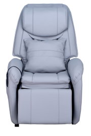 Grauer Massagesessel in Frontalansicht mit gepolstertem Sitz und Armlehnen.