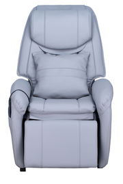 Grauer Massagesessel in Frontalansicht mit gepolstertem Sitz und Armlehnen.