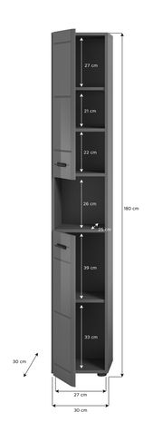Hochschrank in grauer Farbe mit mehreren Fächern, frontal betrachtet. Maße: 180 cm hoch, 30 cm breit, 27 cm tief.