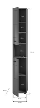 Hochschrank in grauer Farbe mit mehreren Fächern, frontal betrachtet. Maße: 180 cm hoch, 30 cm breit, 27 cm tief.