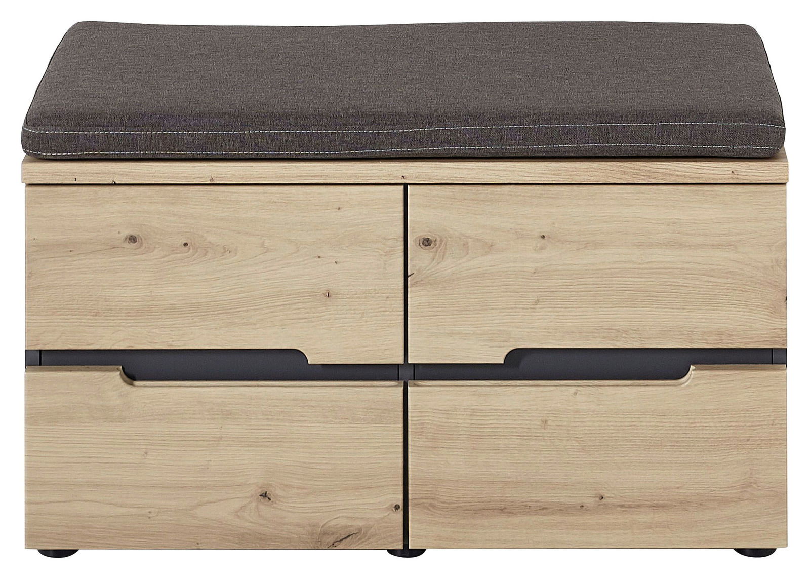 Garderobenbank aus Holz mit grauem Sitzpolster, Frontansicht