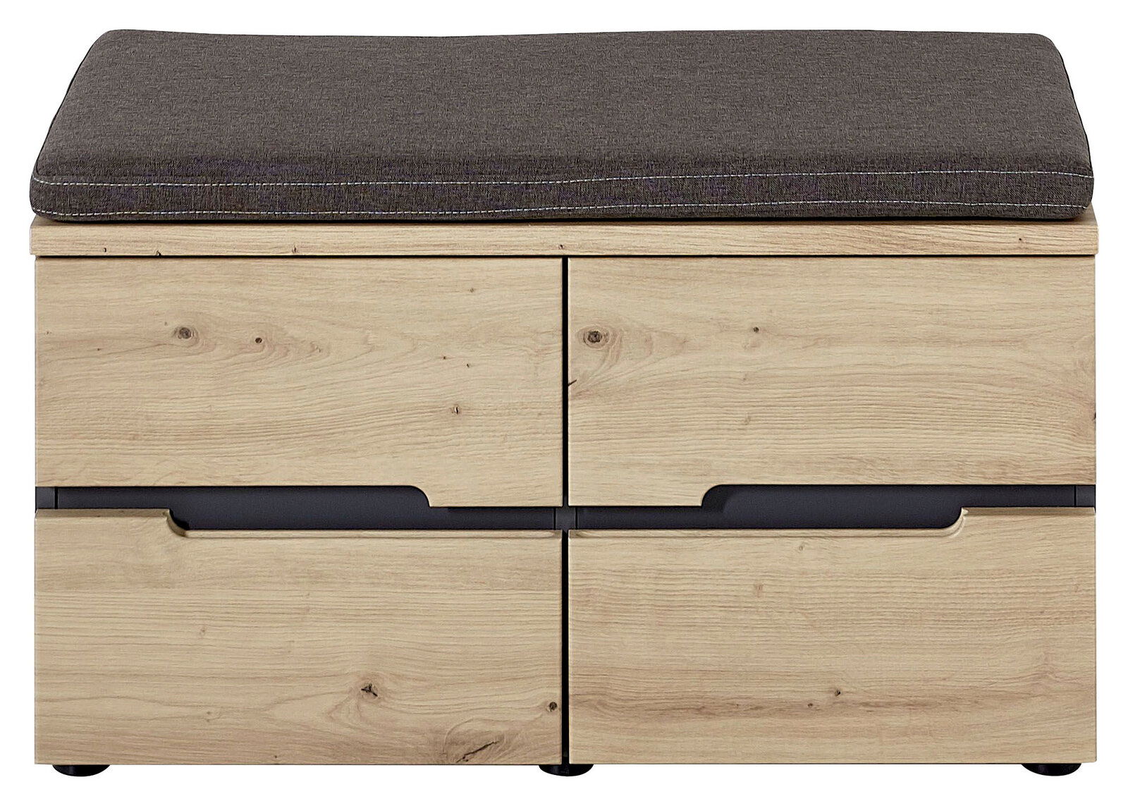 Garderobenbank aus Holz mit grauem Sitzpolster, Frontansicht