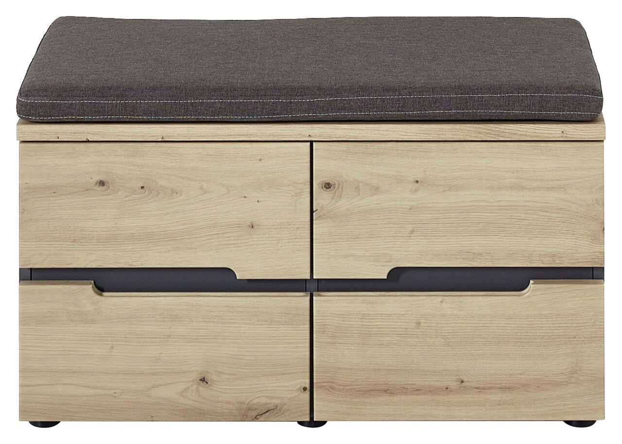 Garderobenbank aus Holz mit grauem Sitzpolster, Frontansicht