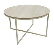 Runder Couchtisch mit heller Holzoptik und schlankem Metallgestell, seitliche Perspektive