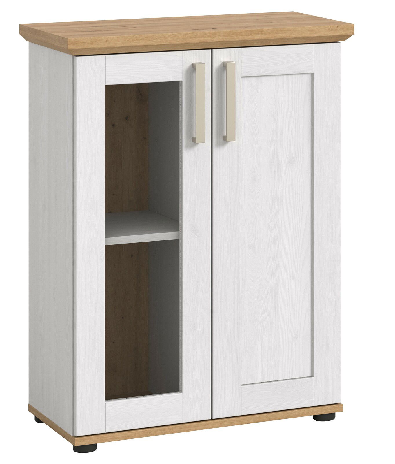 Vitrine mit zwei Türen, eine mit Glaseinsatz, in Holzoptik, Frontalansicht